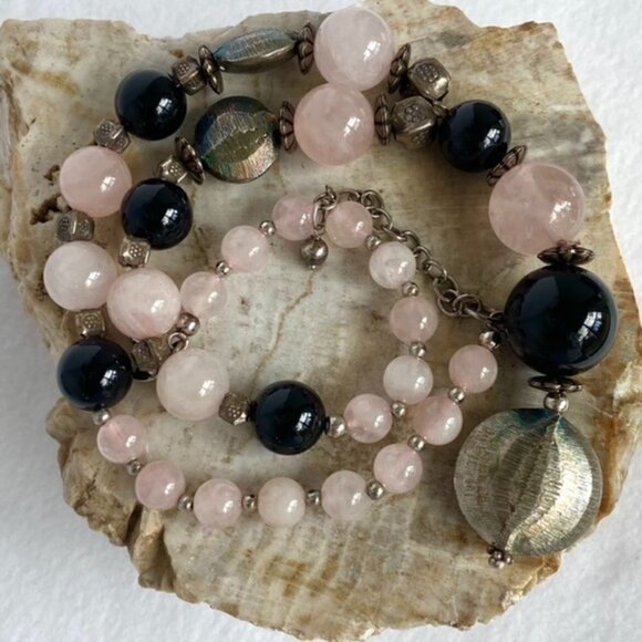 Sterling Silver 925 Rose Quartz Black Onyx Beaded Y Necklace 18.5" 81g Stone - Picture 2 of 16